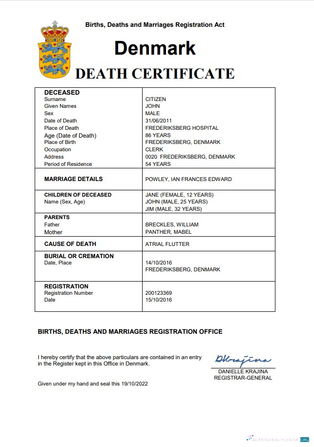 Download Denmark vital record death certificate Word and PDF template Photoshop template